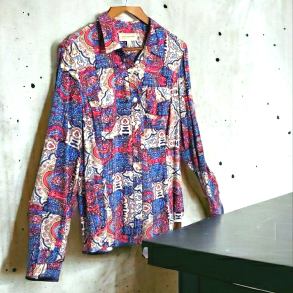 Vintage Jones NY Viscose Hippie Patchwork Boho Western Button Down Paisley Top
